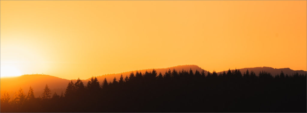 Tree lined hills at sunset